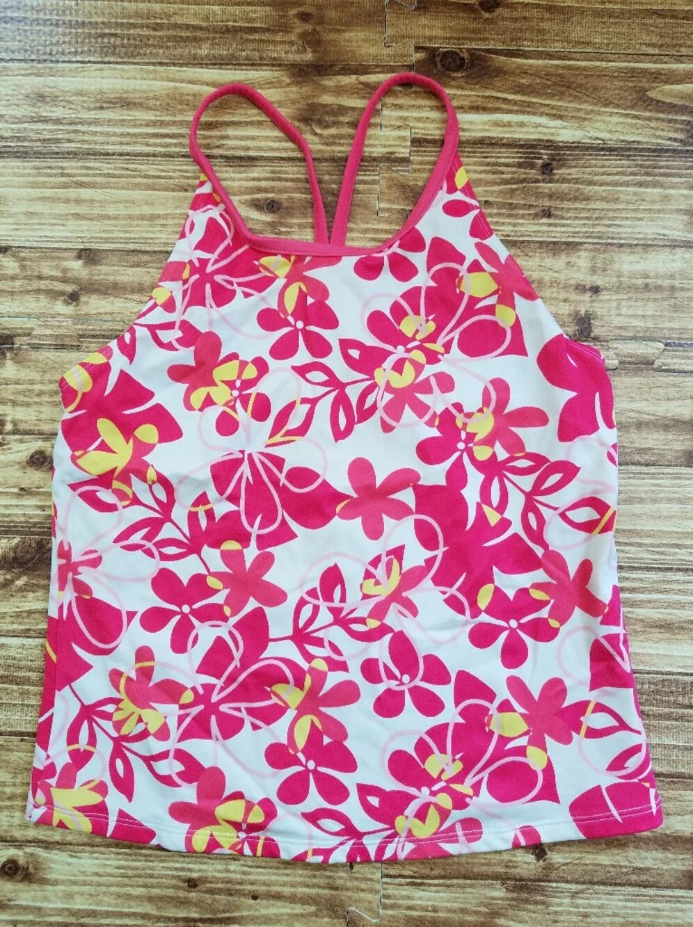 L.L. Bean Girls Size 16 Floral Tankini Swim Top Pink Yellow UPF 50+